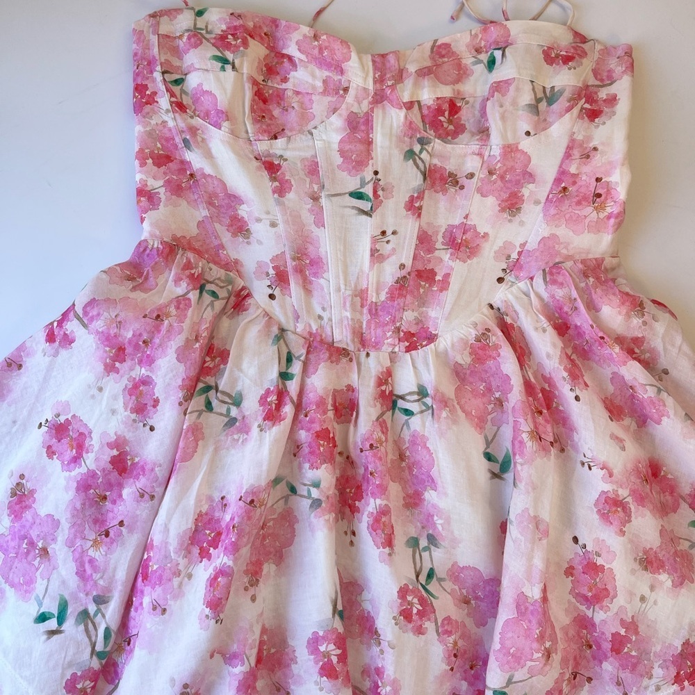 Bardot Elsie Floral Corset Mini Dress Pink Ramie Tie Strap Size 8 - Picture 4 of 16
